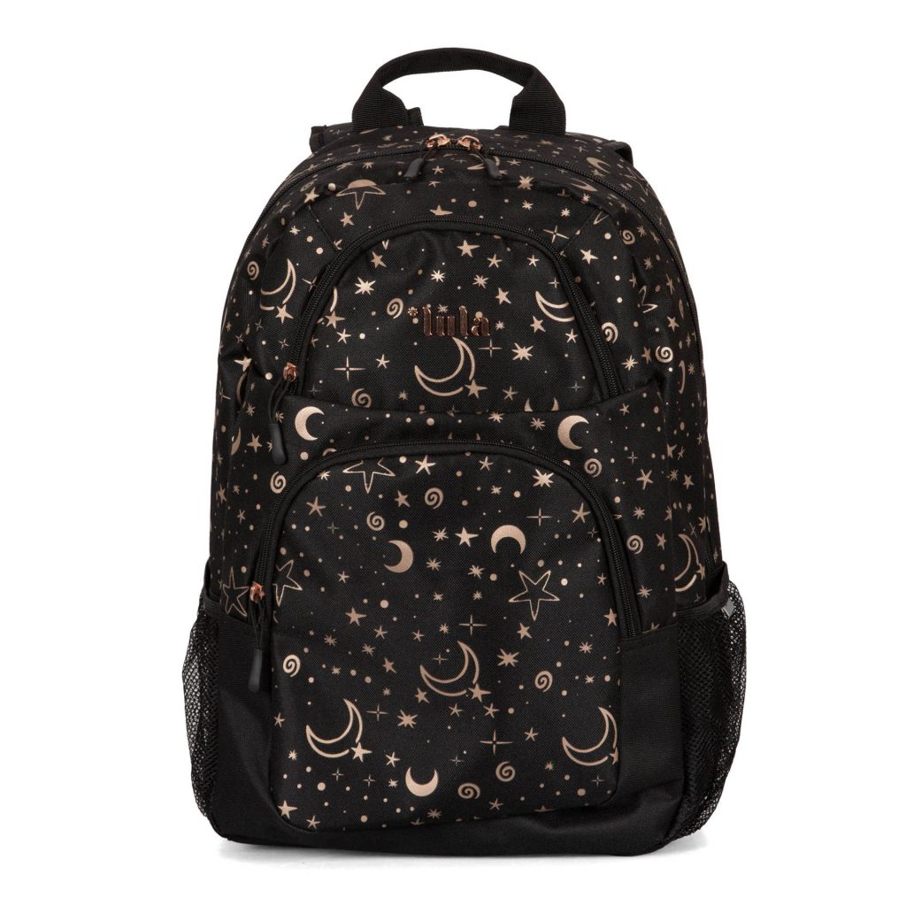 A black backpack for kids with rose gold prints of moons and stars called Moons and Stars design by Lula, showing its top handle, and 2 front zipper pockets