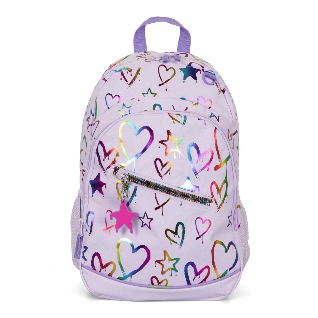 A lilac purple backpack for kids called Drippy Foil Hearts designed by Tracker with multicoloured flourescent hearts, showing its front star-shaped keychain and top handle.