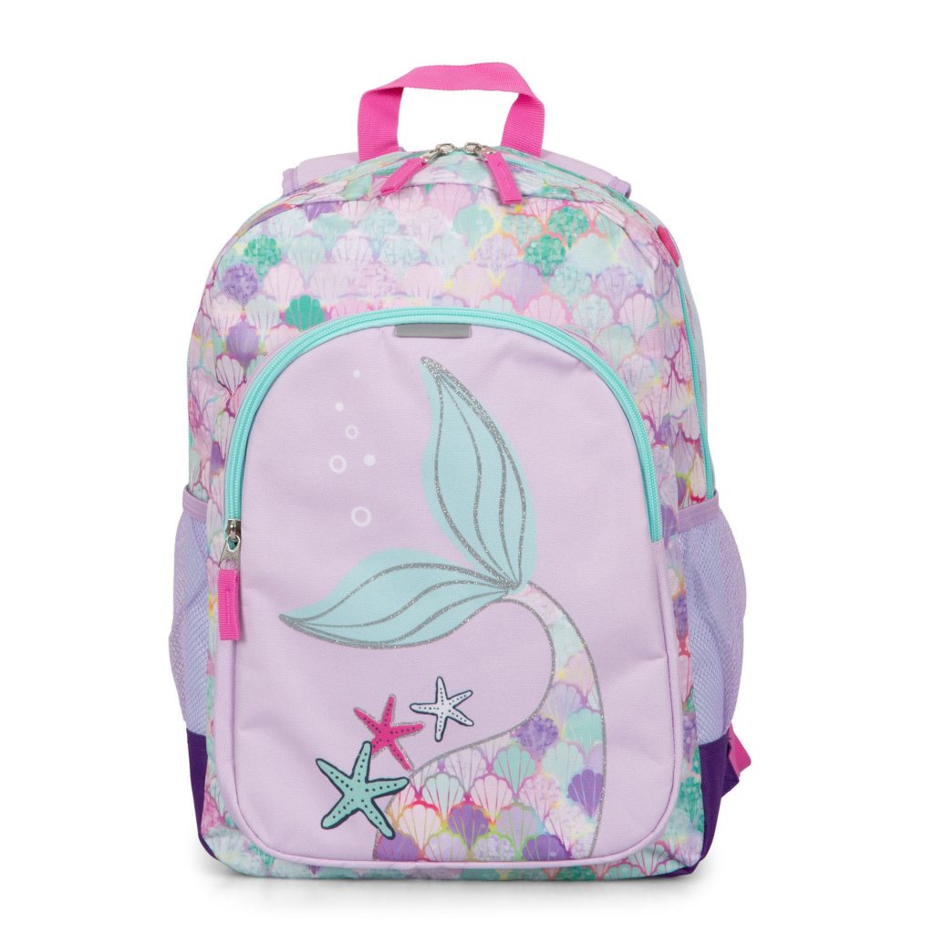 One of 5 best. Front side of a pink and light blue backpack for kids called Mermaid and Hearts reversible designed by Tracker, showing its pink top handle light blue zippers and incredible print of a mermaid's tail.