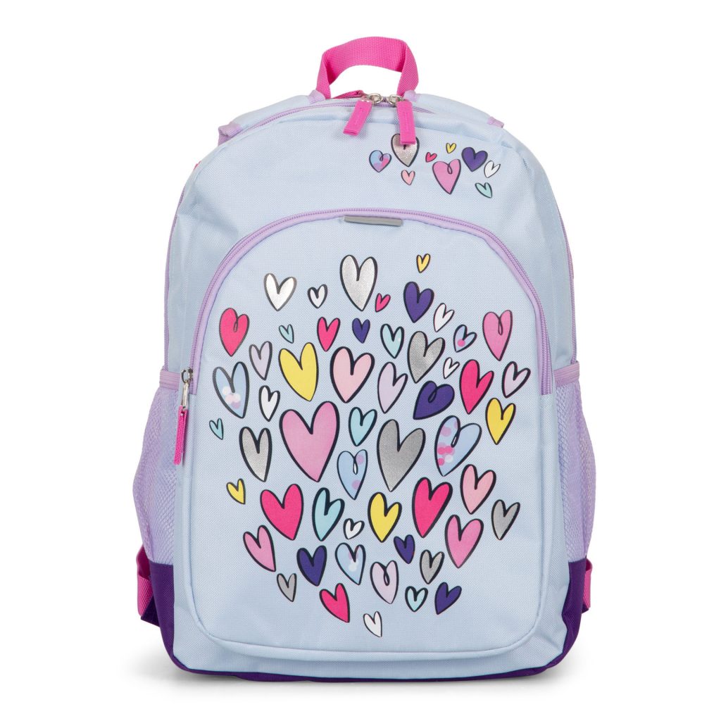 Front side of a light blue school backpack for kids called Mermaid and Hearts reversible designed by Tracker, showing its pink top handle light purple zippers and incredible print of a multicoloured hearts.