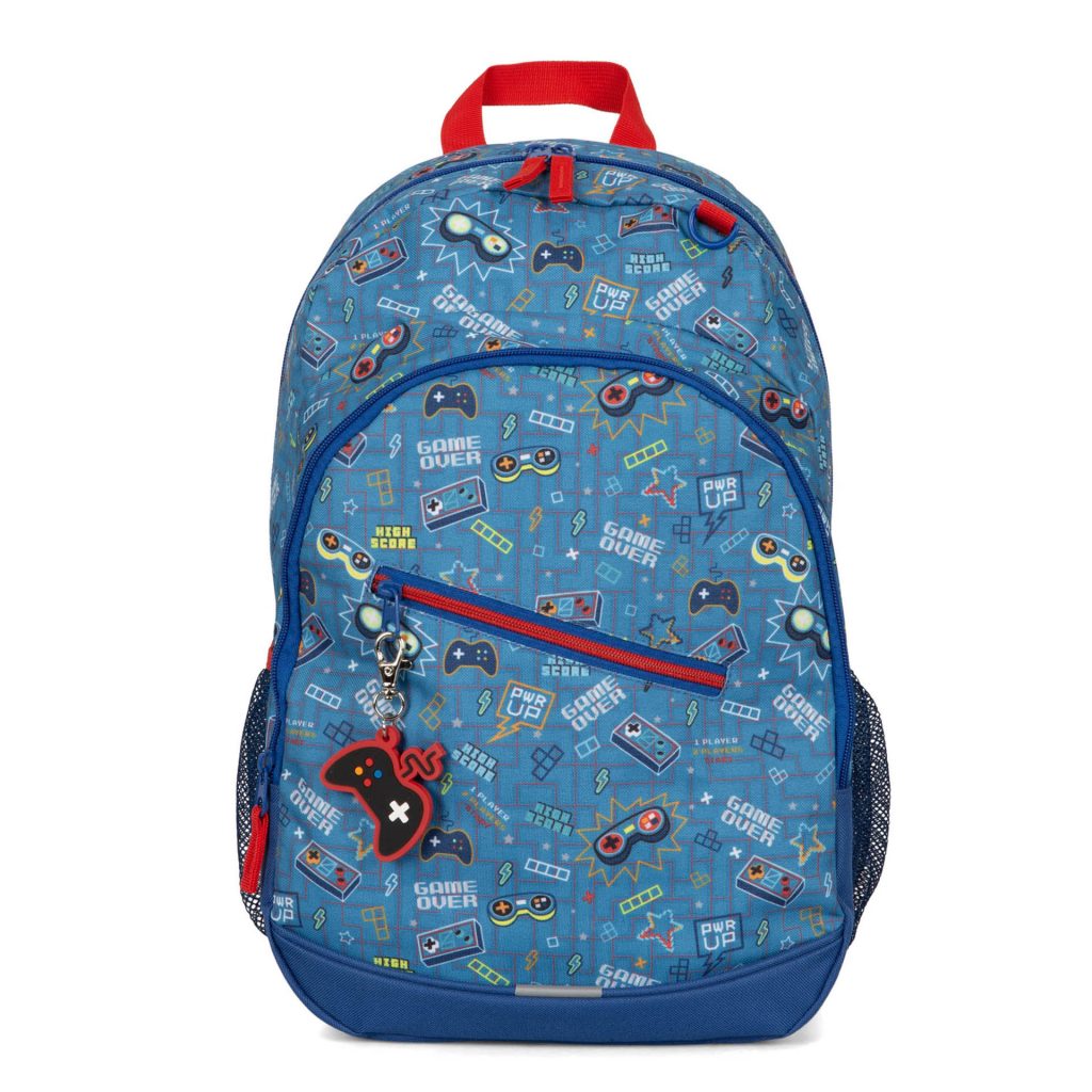 Blue backpack for kids with remote control and the word "'game over" print called Gamer designed by Tracker showing a red top handle, attached remote-themed key chain, and red front zipper pocket.