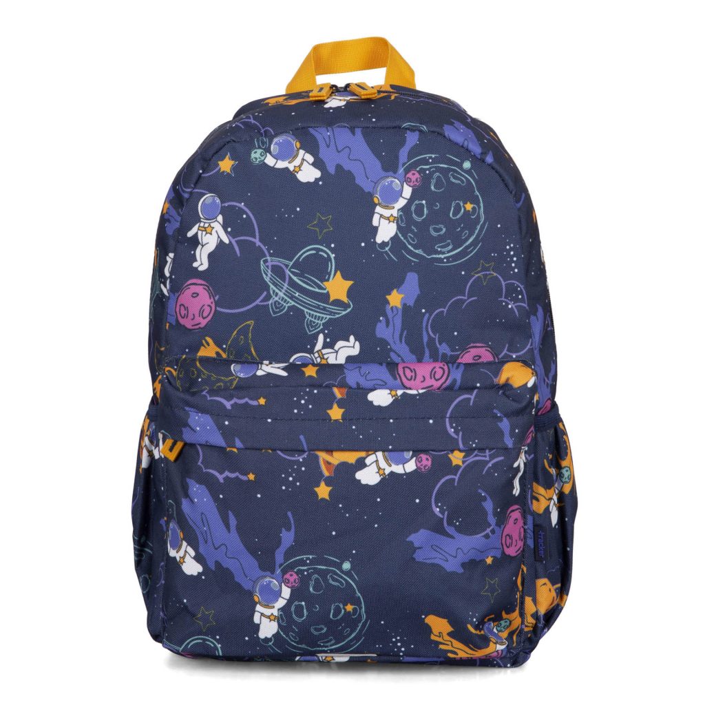 Front side of a dark blue backpack for kids called Spaceman designed by Tracker showing its print of an astronaut, space shuttles, moons, and stars in colours of purple, burnt orange.