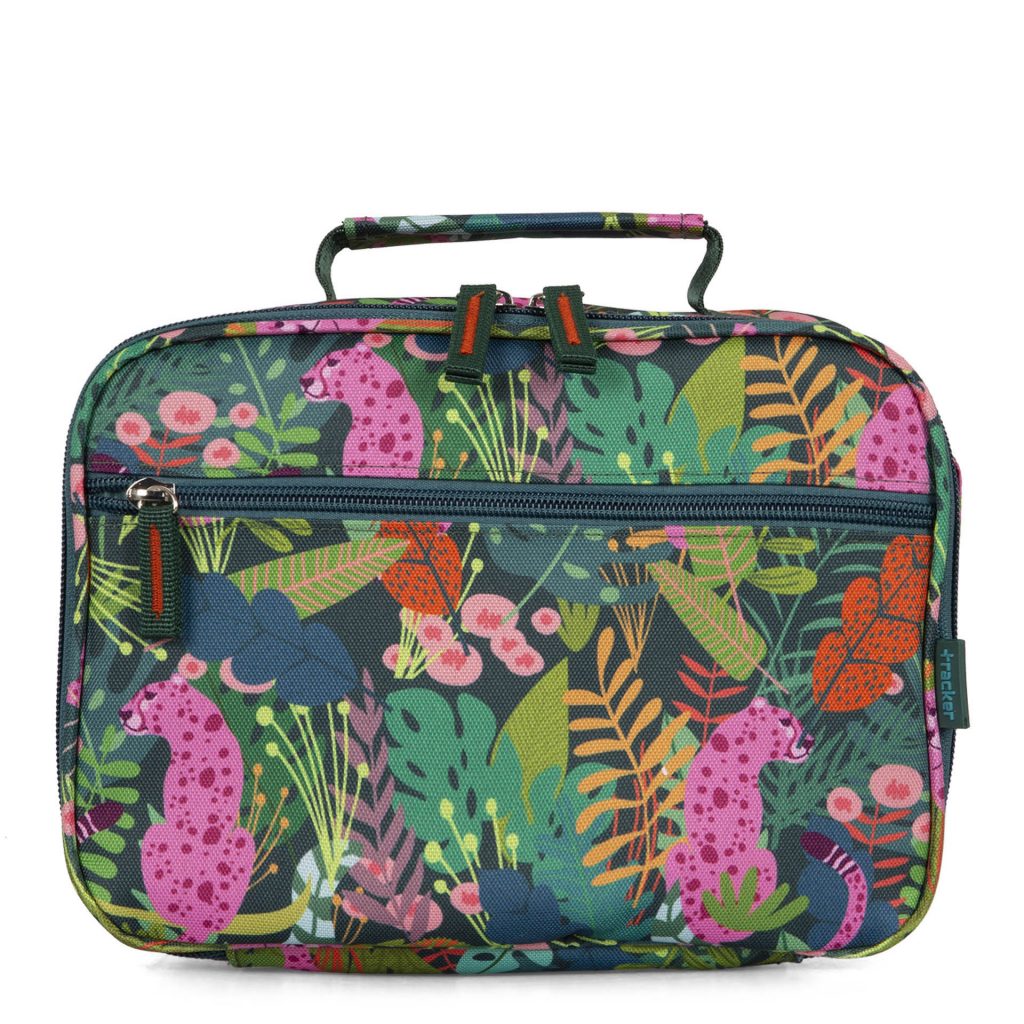 Front side of a jungle-themed lunch box designed by tracker showing its print of rose leopards, the top handle, zipper pulls, and more.