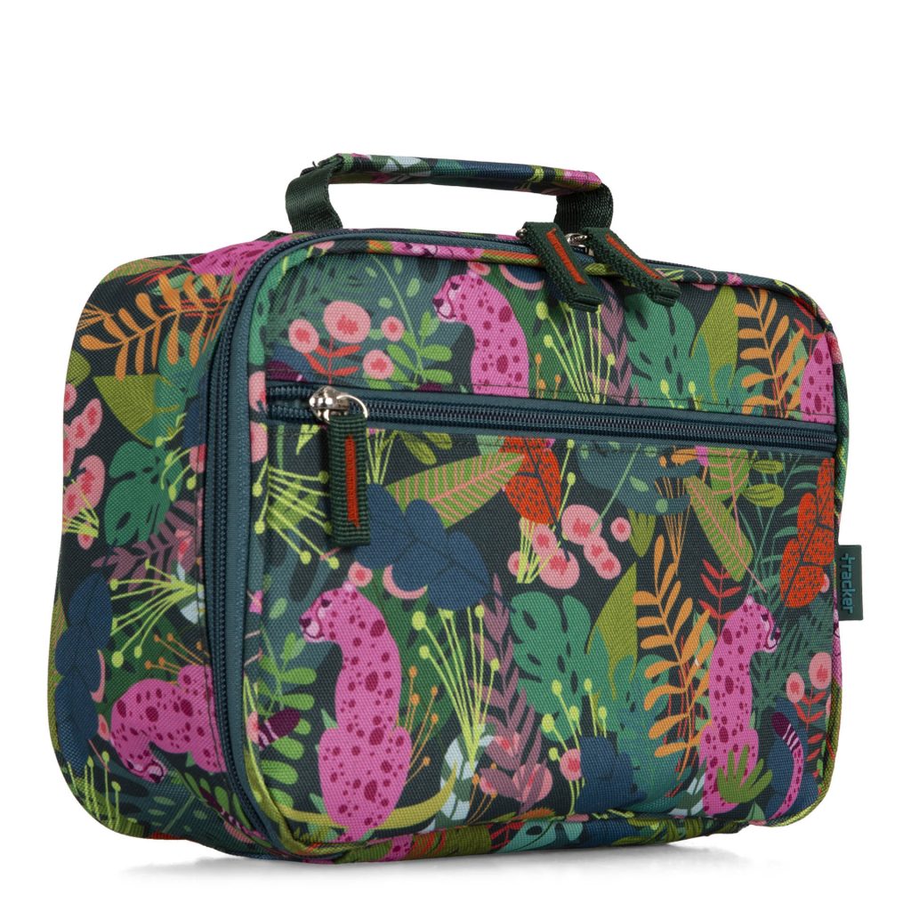 Angle view of a jungle-themed lunch box designed by tracker showing its print of rose leopards, the top handle, zipper pulls, and more.