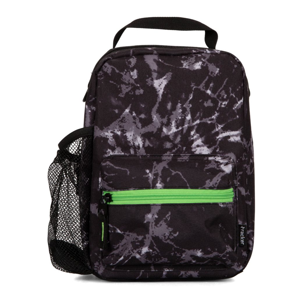 Front side of 1 of 6 top-rated lunch boxes for kids in elementary in black called Scratch Tie Dye designed by Tracker showcasing its tie dye print, a neon green zipper front pocket, a top handle, and a side mesh water bottle pocket.