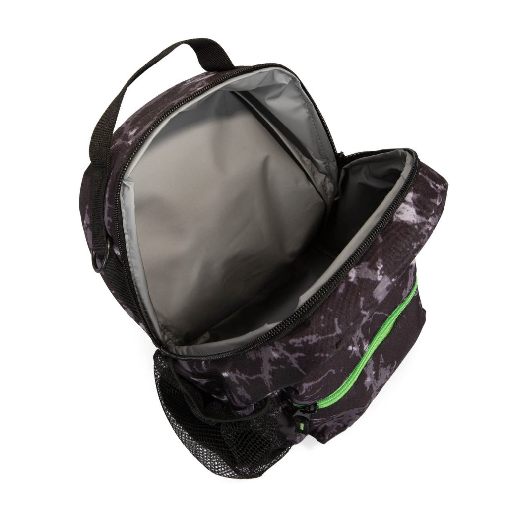 Interior view of a black lunch bag called Scratch Tie Dye designed by Tracker showcasing its tie dye print, a neon green zipper front pocket, a top handle, a side mesh water bottle pocket, and PEVA interior lining.