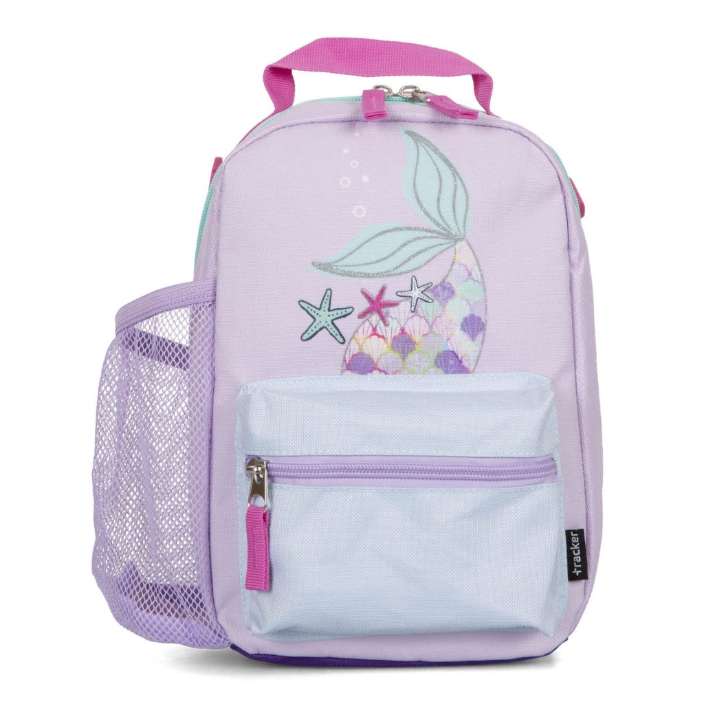 Front side of a pink lunch box called Mermaid designe by Tracker, showcasing its print of a mermaid's tail that's adorned of seashells, a Top handle, side mesh waterbottle pocket, and front zipper pocket.