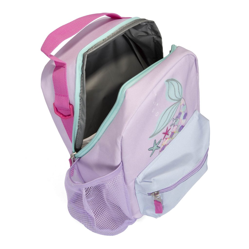 Interior view of 1 of 6 top-rated lunch boxes for kids in elementary school in pink called Mermaid designe by Tracker, showcasing its print of a mermaid's tail that's adorned of seashells, a top handle, side mesh waterbottle pocket, and PEVA insulated lining.
