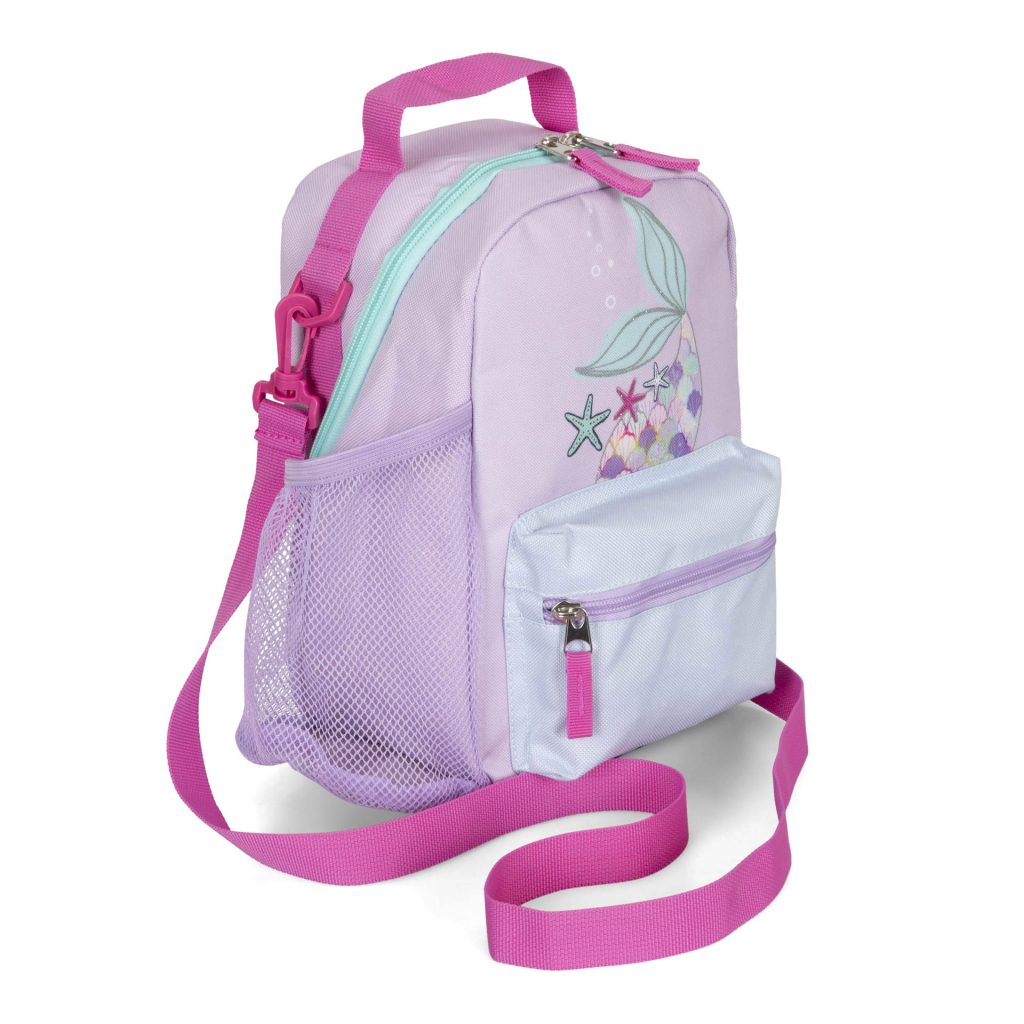 Angle view of 1 of 6 top-rated lunch boxes for kids in elementary school in pink called Mermaid designe by Tracker, showcasing its print of a mermaid's tail that's adorned of seashells, a top handle, side mesh waterbottle pocket, and front zipper pocket and strap.