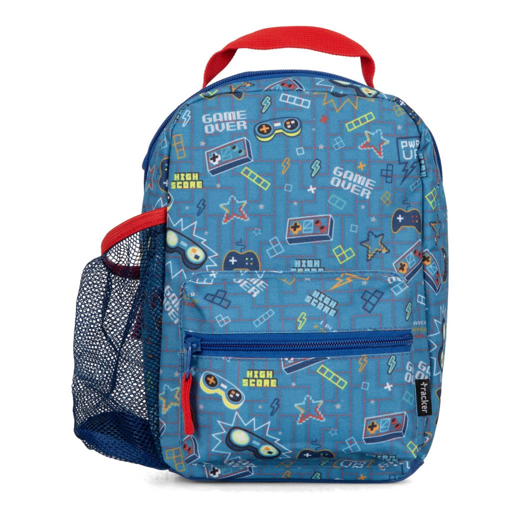1 of 6 top-rated lunch boxes for kids in elementary school in blue called Game Over designed by Tracker, showcasing its print of gaming remotes and the words "game over" and "high score", showcasing its front zipper pocket, side mesh pocket, and top handle.