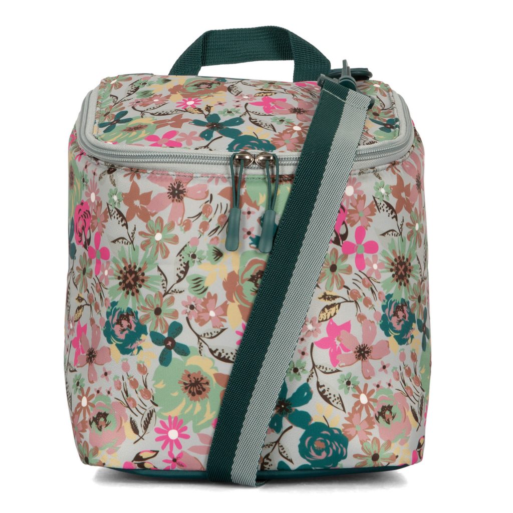 Front view of a lunch box for kids in elementary school called Ditsy Green designed by Lula showing its beautiful floral print, strap, and dark, forest-green accents.