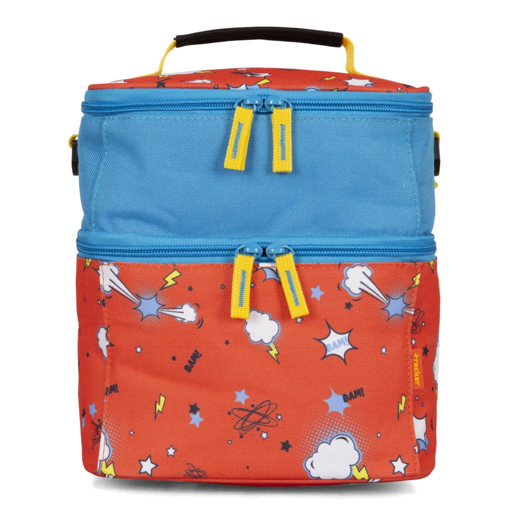 Front side of a blue and red lunch box called Bam! designed by Tracker showcasing its tie cartoonish print cute explossion and clouds with lightning coming out of it, a top handle, and a second zipper compartment..