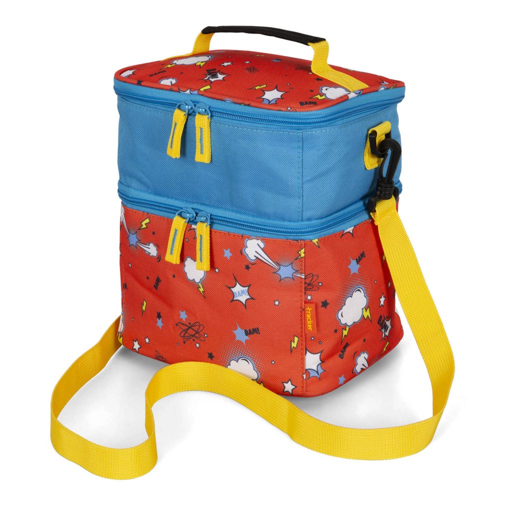 Angle view of a blue and red lunch box called Bam! designed by Tracker showcasing its tie cartoonish print cute explossion and clouds with lightning coming out of it, a top handle, a strap, and a second zipper compartment.