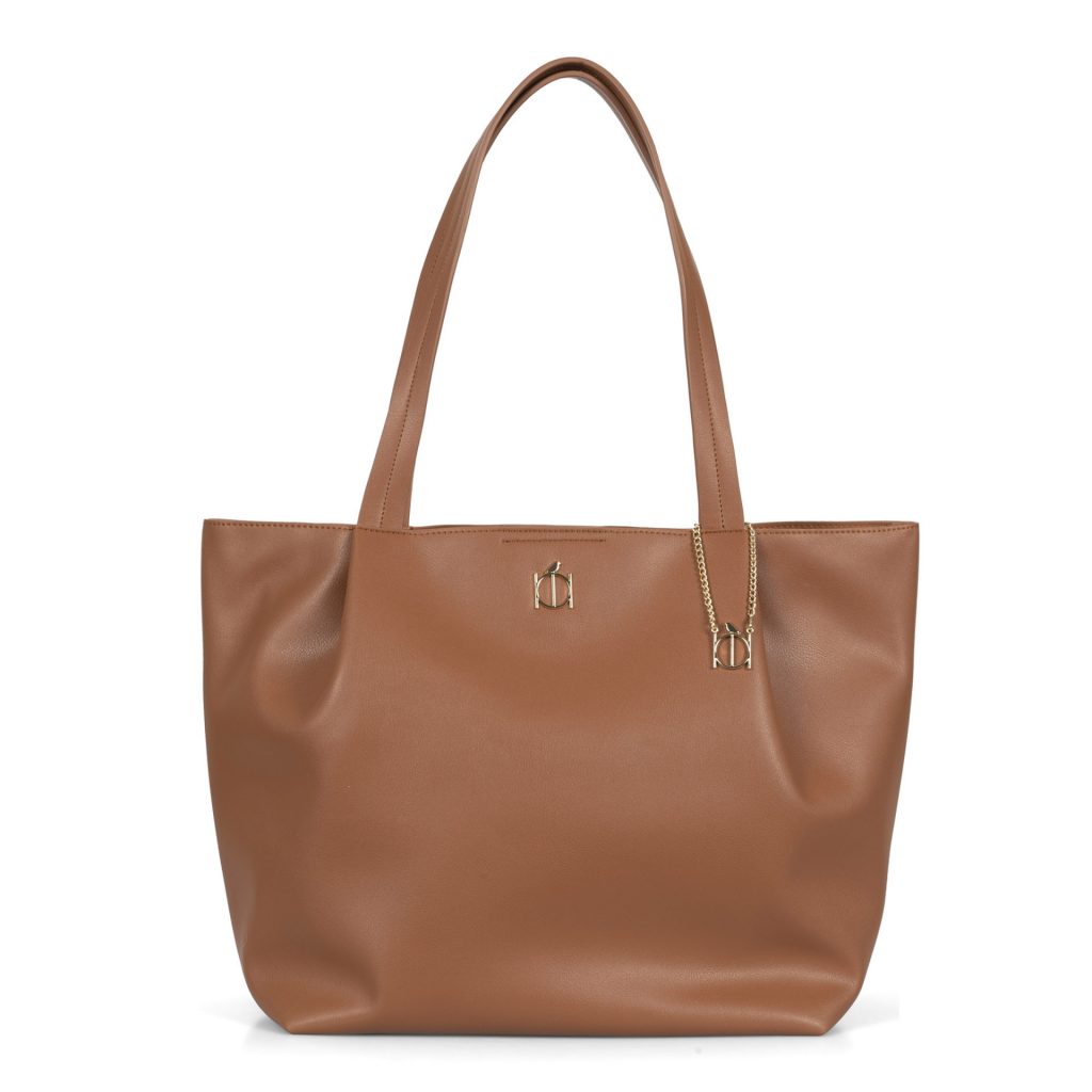 Front view of a light brown trending Riona vegan fall handbag called Serena showing its supple faux leather texture, gold hardware, and a top handles.