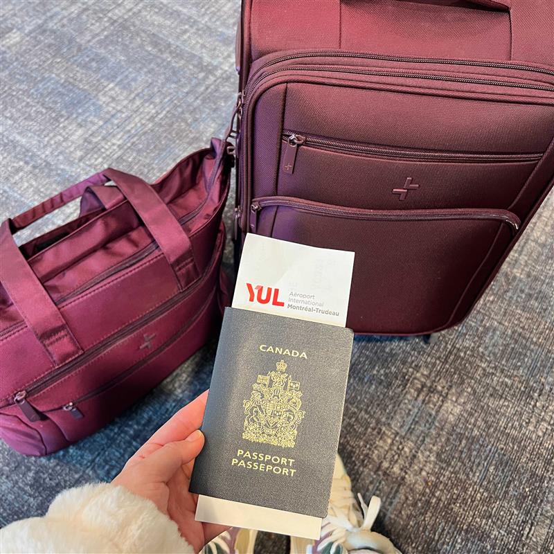 Image de la valise de cabine et du fourre-tout Verona, avec un passeport et une carte d'embarquement à la main.
